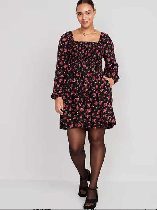 Old Navy Dresses & Skirts - Old Navy Floral Smocked Long Puff Sleeve Square neck Dress Size XL Black Red